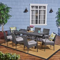 Elmar 9 Piece Outdoor Wood/Wicker Extending Dining Set by Christopher Knight Home - Dark Gray Finish + Gray Cuhsion