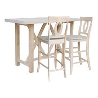Bar Height Table With 2 Splat Back Bar Stools - 30 in. Seat Height - 72 in. W x 28 in. D x 42 in. H - Unfinished