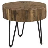 Sawyer 22 in. Round Reclaimed Wood Accent End Table with Black Hairpin Metal Legs