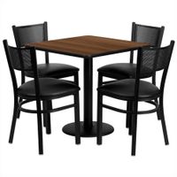 Flash Furniture 30" Square Walnut Laminate Table Set with 4 Grid Back Metal Chairs, Black Vinyl Seat