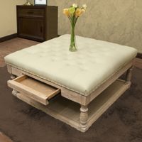 Suleiman Tufted Padded Cocktail Ottoman with Shelf and Drawer - Cream