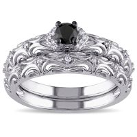 Miadora Sterling Silver 1/3ct TDW Diamond Filigree Vintage Bridal Ring Set - Size 5