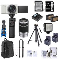 Sony ZV-E10 Mirrorless Camera White with 16-50mm & 55-210mm Lens, Silver Bundle with Vlogger Kit, 128GB Memory Card, Backpack, 2x Battery, Charger, Tripod and Accessories kit