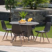 Hugo Outdoor 5-Piece Round  Wicker Dining Set with Umbrella Hole by Christopher Knight Home - Brown - 5-Piece Sets