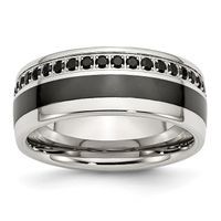 Stainless Steel Polished Black Ceramic Inlay Cubic Zirconia 9mm Band - 8.5