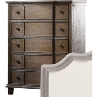 Five Drawer Chest With Round Knobs Side Metal Glide In Weathered Oak Finish
