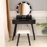 4 Drawers Dressing Table with Single Round Mirror with Bulb - Black