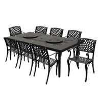 Modern Ornate Outdoor Mesh Aluminum 84-in Large Rectangular Patio Dining Set with Two Lazy Susans and Eight Chairs - N/A - Black