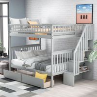 Full over Full Bunk Bed with Two Drawers and Storage - Gray