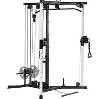 Nestfair Cable Crossover Machine Station Olympic Squat Cage Fitness Power Rack with LAT Pulldown and Low Row - Silver