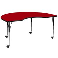 Mobile 48''W x 72''L Kidney Thermal Laminate Activity Table - Adjustable Legs - Red