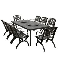 Modern Ornate Outdoor Mesh Aluminum 84-in Large Rectangular Patio Dining Set with Two Lazy Susans and Eight Chairs - N/A - Black