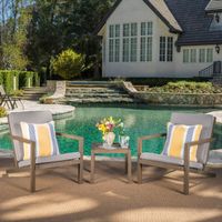 Leah Outdoor 3-piece Acacia Wood Chat Set with Cushions by Christopher Knight Home - Grey Finish + Grey