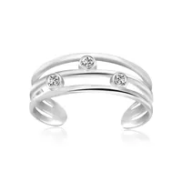 Sterling Silver Rhodium Plated Triple Line Open Motif Cubic Zirconia Toe Ring