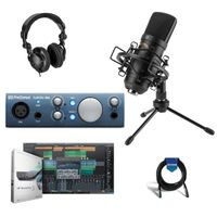 PreSonus AudioBox iOne 2x2 USB 2.0 / iPad Recording Interface with 1 Mic Input - Bundle With Microphone with Shock Mount and Tabletop Stand, Studio Monitor Headphones, XLR M to F Cable 10'