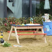 Outsunny Kids Picnic Table Set with Wooden Bench & Sandbox Kitchen Toys Faucet Water Pump 37" x 35" x 20" - 37" x 35" x 20" - Multi - 37" x 35" x 20"