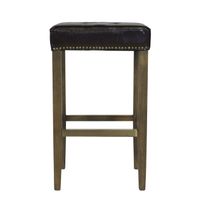 Ash Bar Stool with Brown Leather Seat and Brass Nailheads - Brown Leather