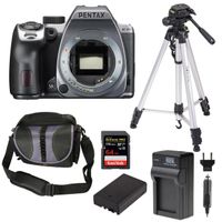 Pentax K-70 DSLR Body, Silver Bundle with Bag, 64GB SD Card, Extra Battery, Charger, Tripod