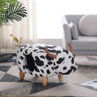 Animal storage stool for kids, ottoman bedroom furniture, cow style kids footstool, decorative footstool. - White and Black - Small