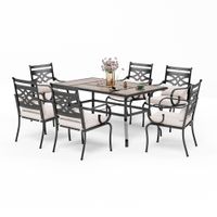 7-Piece Outdoor Dining Set Geometric Rectangle Table & Elegant Cast Iron Pattern Dining Chairs - Black