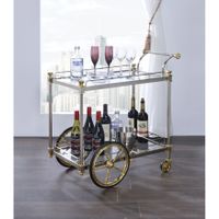 Metal Framed Serving Cart with Tempered Glass Shelves and Side Handle, Silver and Clear