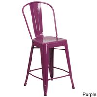 24-inch High Metal Indoor-Outdoor Counter Height Stool with Back - Purple