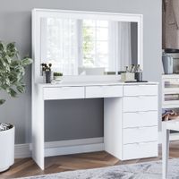 Boahaus Modern Vanity Table, White, 7 Drawers, Wide Mirror - White-Basic Knobs