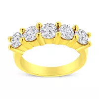 14K Yellow Gold Plated .925 Sterling Silver 2.0 Cttw Shared Prong Set Diamond 5 Stone Wedding Band Ring (J-K Color, I1-I2 Clarity) - Choice of size