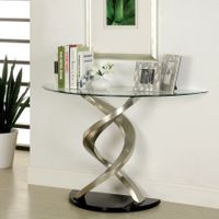 Sele Contemporary Silver 45-inch Glass Top Half-moon Sofa Table by Furniture of America - Satin Plated/Clear