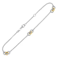 14k Yellow Gold and Sterling Silver Triple Ring Stationed Anklet (10 Inch)