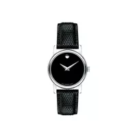 Movado - Ladies Museum Classic Silver & Black Textured Leather Strap Watch Black Dial