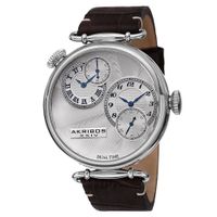Akribos XXIV Men's Quartz Dual Time Leather Silver-Tone Strap Watch - Silver-tone/Brown