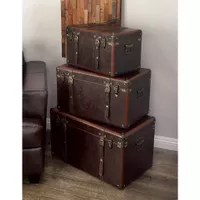 Brown Faux Leather Nesting Upholstered Trunk with Vintage Accents and Studs (Set of 3) - Brown