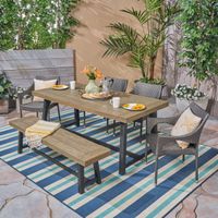 Brecken Outdoor 6 Piece Wood and Wicker Dining Set with Stacking Chairs and Bench  by Christopher Knight Home - sandlblast grey + black + gray