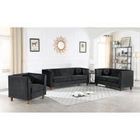 US Pride Lowery Kitts Velvet Classic Chesterfield 3-Piece Living Room Set - Black