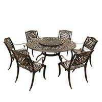 Outdoor Lattice 59-in. Round Dining Set with Lazy Susan and Six Chairs - Bronze
