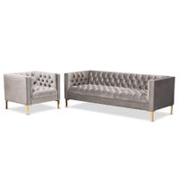 Glam Velvet and Gold Finished 2-Piece Sofa and Lounge Chair Set - Gray