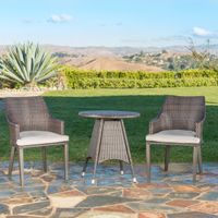 Hillhurst Outdoor 3-Piece Round Wicker Bistro Chat Set with Umbrella Hole & Cushions by Christopher Knight Home - N/A - Multibrown + Light Brown