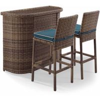 Crosley Furniture Bradenton 3 Piece Outdoor Wicker Bar Set - Bar & Two Stools with Navy Cushions