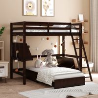 Wood Twin Size Loft Bed with Convertible Lower Bed and Storage Drawer - Espresso