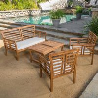 Christopher Knight Home Caydon Outdoor 4-piece Acacia Wood Chat Set with Cushions - Brown with Cream Cushions