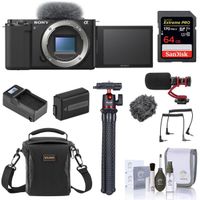 Sony ZV-E10 Mirrorless Camera Body, Black Bundle with 64GB SD Card, Shoulder Bag, On-Camera Microphone, Flexible Tripod, Extra Battery, Smart Charger, Cleaning Kit