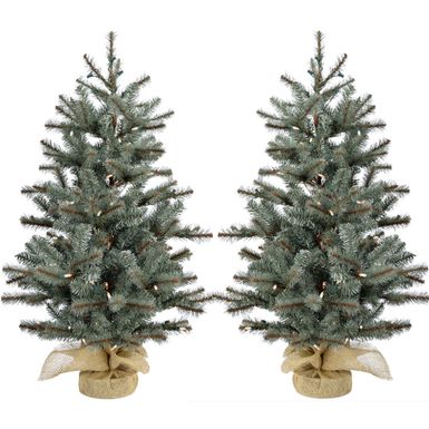 Christmas Time 4.0' Yardville Porch/Accent Tree with Burlap Base, LED Lights, Set of 2 Trees