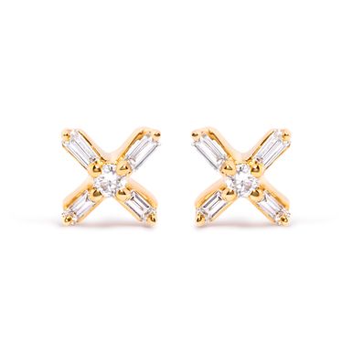 10K Yellow Gold 1/10 Cttw Round and Baguette Diamond Criss Cross X Stud Earring (H-I Color, I1-I2 Clarity)