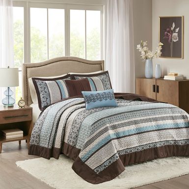 Blue Princeton 5 Piece Reversible Jacquard Bedspread Set King