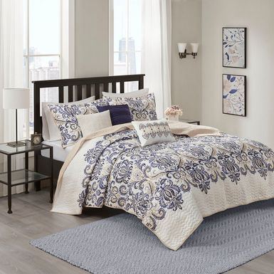 Navy/Tan Cali 6 Piece Reversible Quilt Set with Throw Pillows, King/Cal King