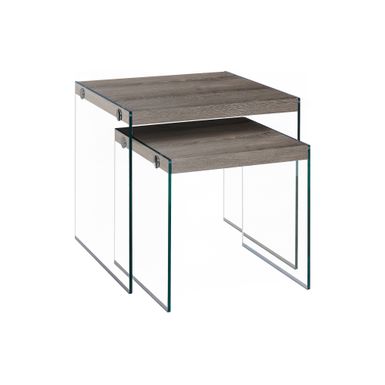 Nesting Table/ Set Of 2/ Side/ End/ Accent/ Living Room/ Bedroom/ Tempered Glass/ Laminate/ Brown/ Clear/ Contemporary/ Modern