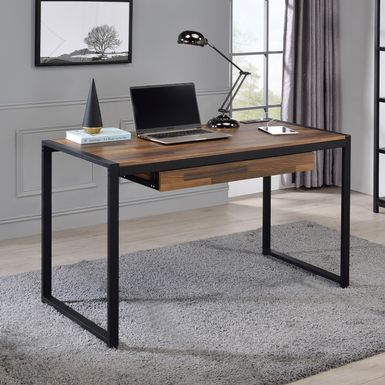 Industrial Wood Writing Desk with USB in Walnut/Sand Black