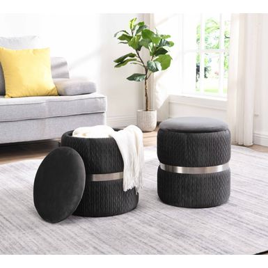 Modern Velvet Round Ottoman with Storage, Grey