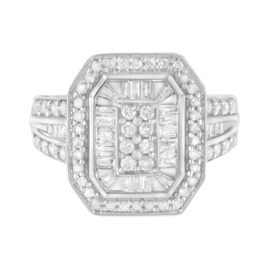 .925 Sterling Silver Round and Baguette Diamond Cathedral Ring (0.75 Cttw, H-I Color, I2-I3 Clarity) - Size 7